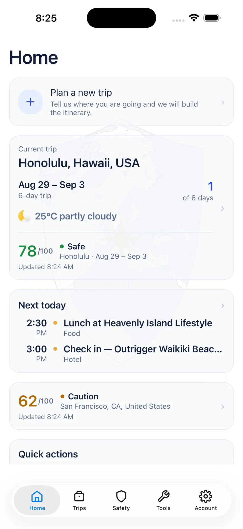 The WeiiGo home screen: the trip you are on, its safety score, what is next today, and one-tap safety actions