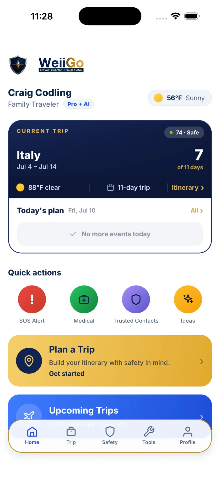WeiiGo app home dashboard — your current trip, today's plan and safety tools