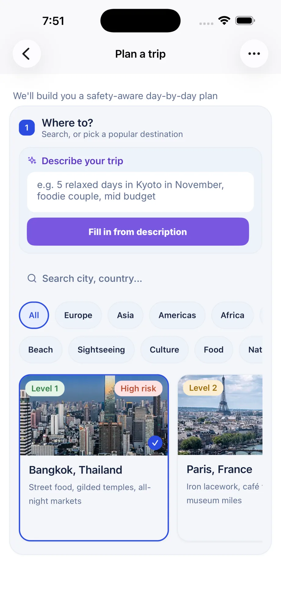 AI trip generation — a day-by-day itinerary from one sentence