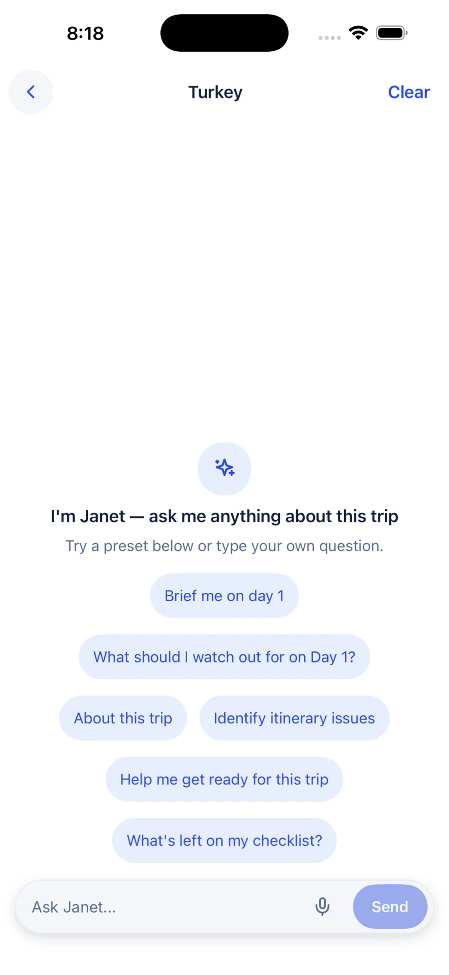 A conversation with Janet about a trip