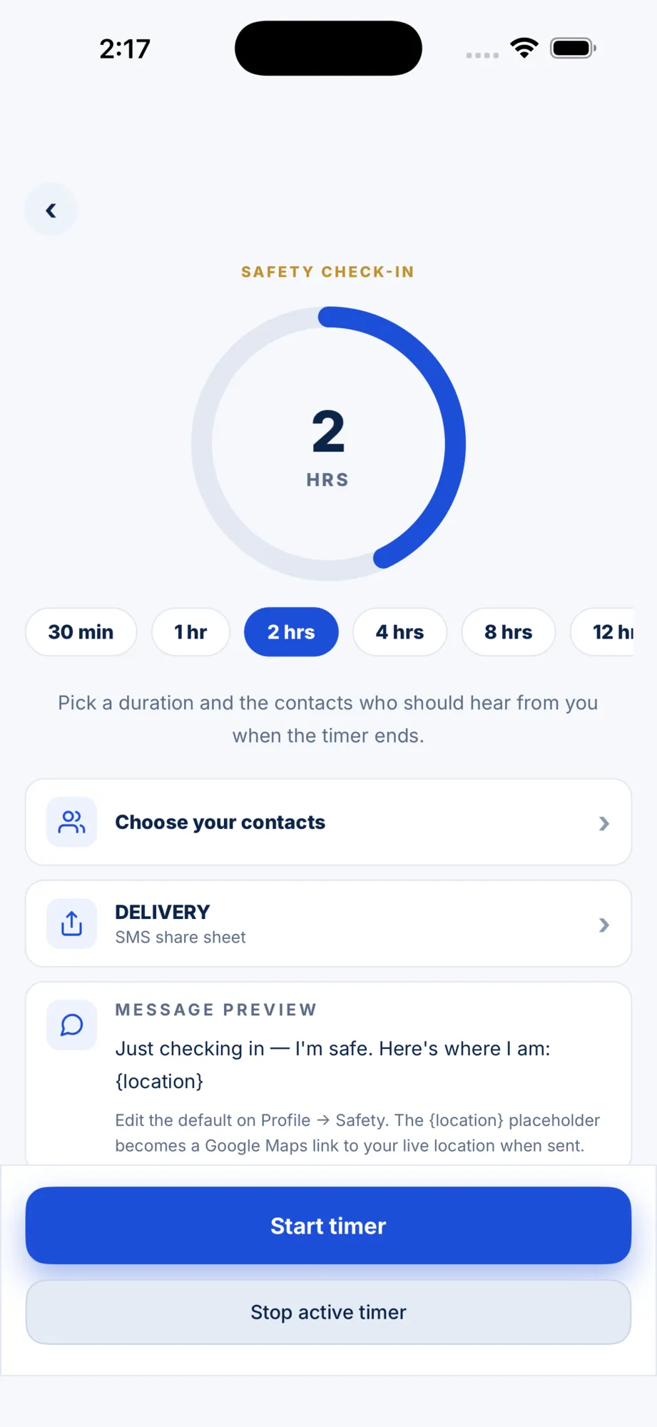 Check-in timer & silent emergency preview