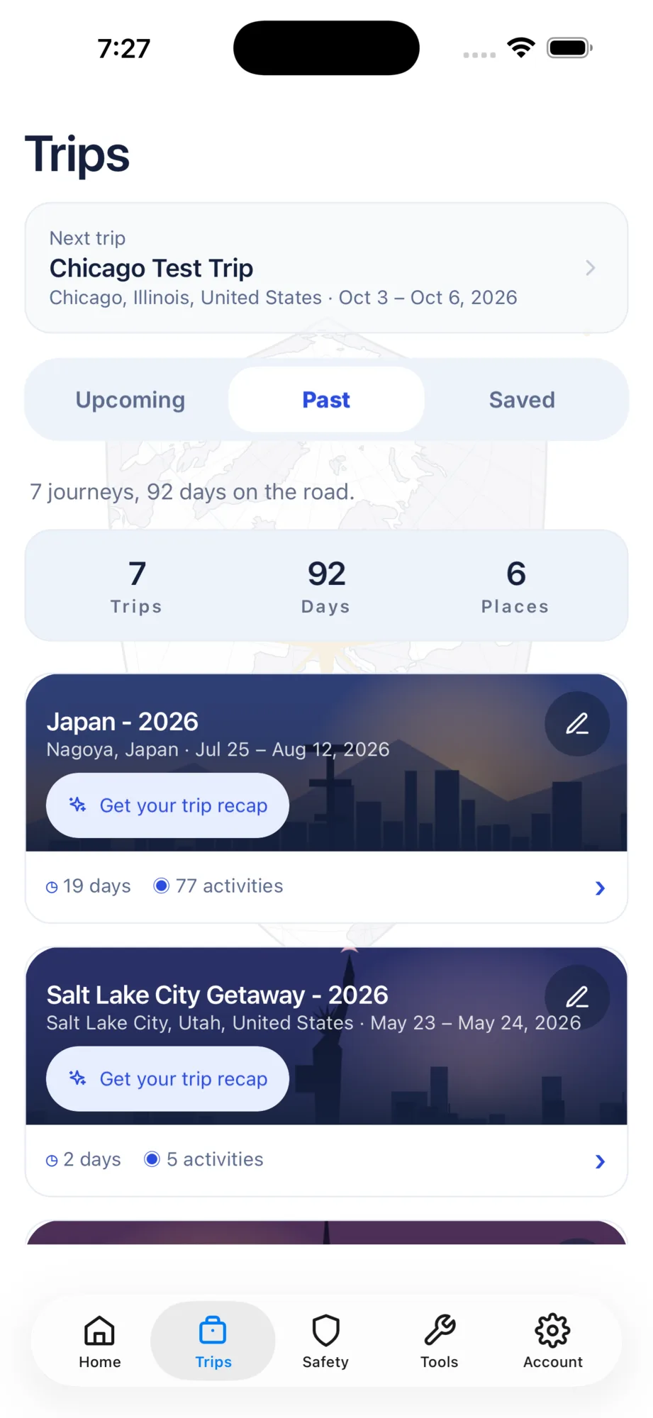 The trip recap timeline