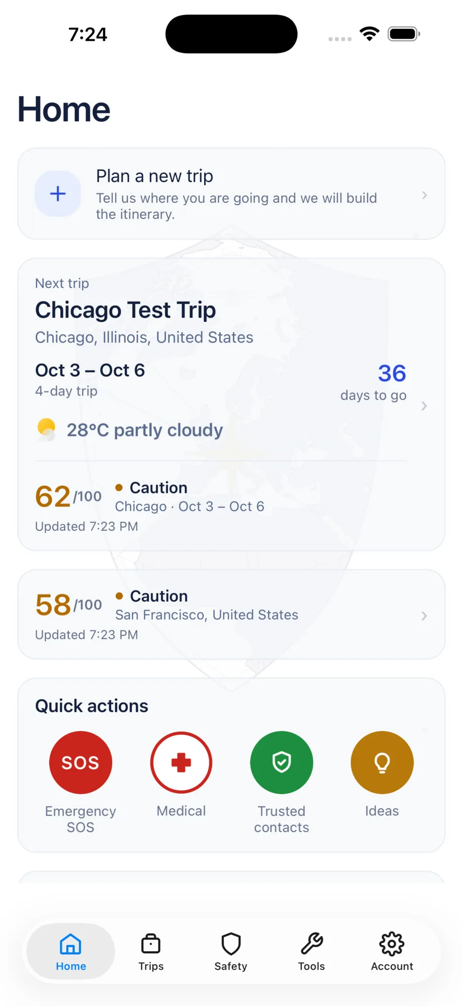Destination safety score and AI briefing (Pro)