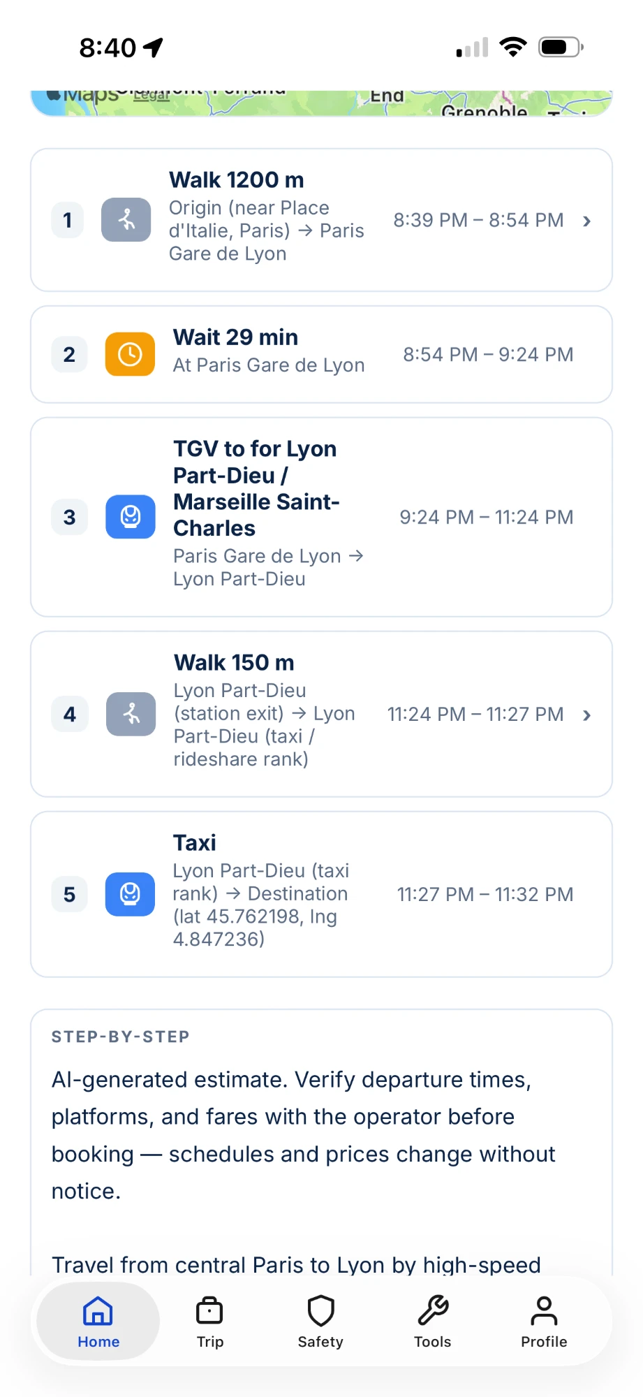 Door-to-door transit preview