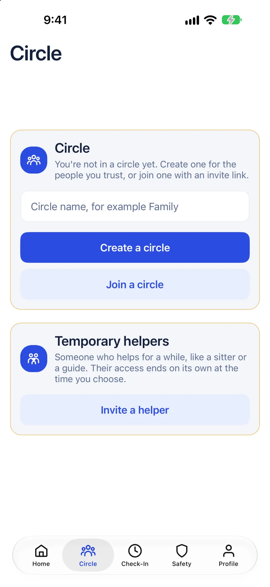 Circle: create or join one, and temporary helpers