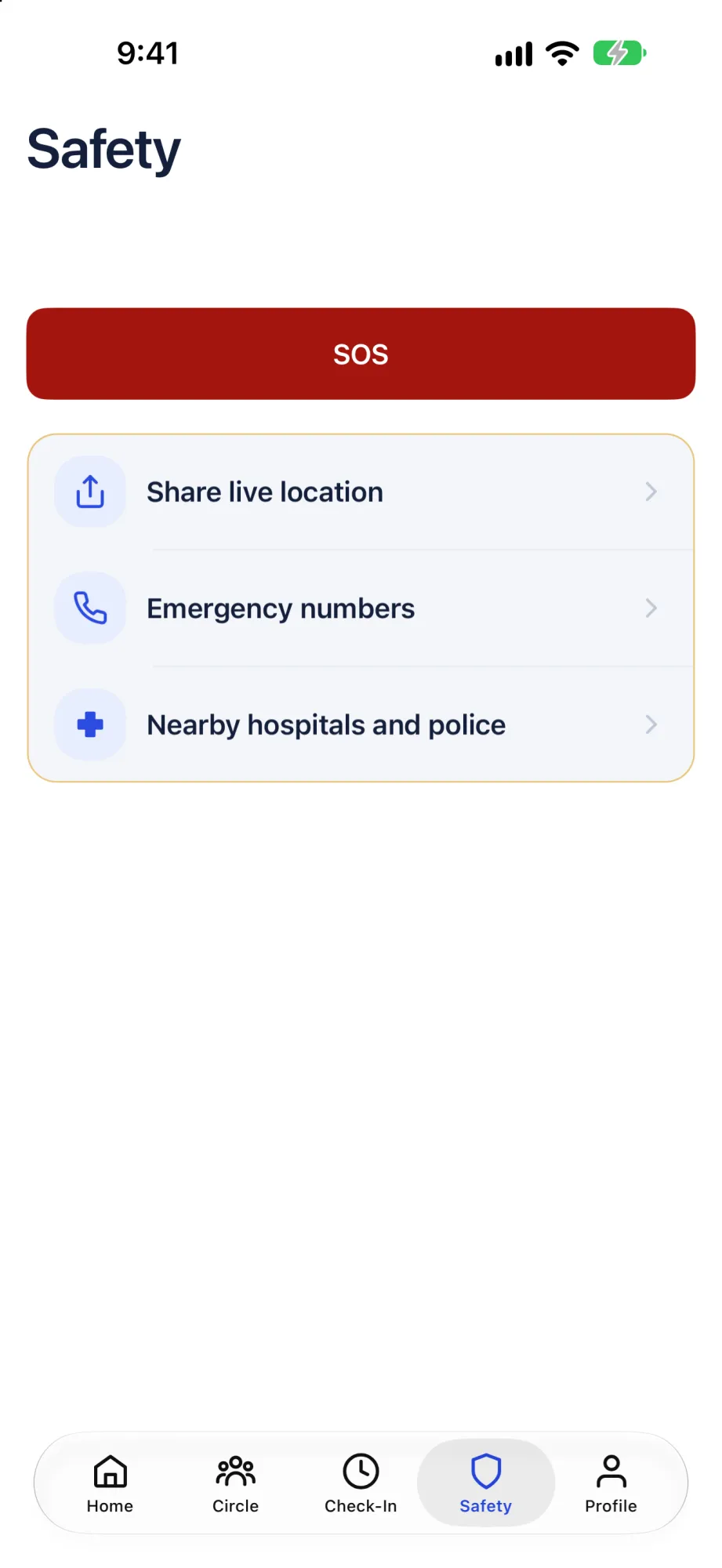 Safety: SOS, live location, emergency numbers and nearby help