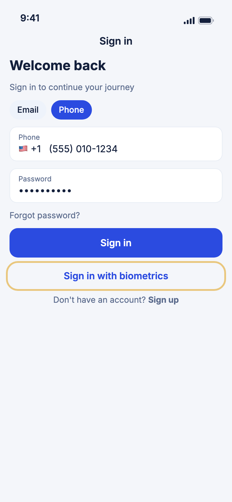 Sign in with your phone number, with Sign in with biometrics under the button