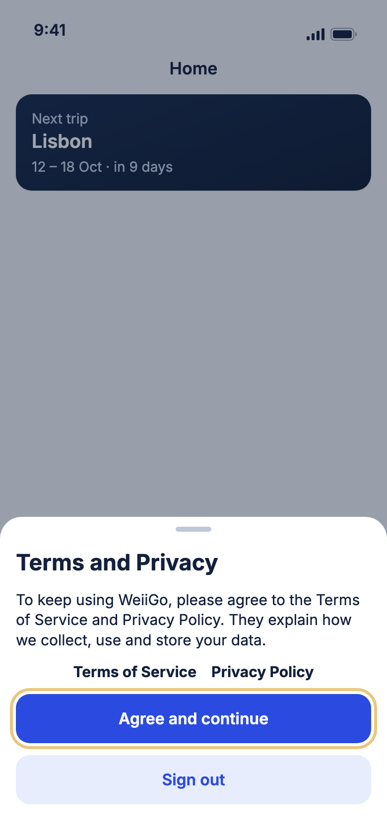 The Terms and Privacy box with Agree and continue and Sign out
