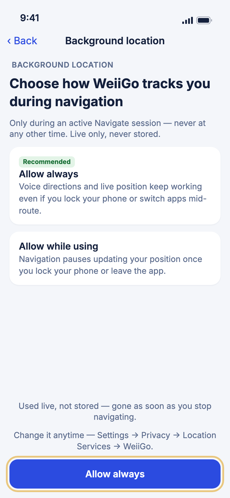 Background location with Allow always and Allow while using