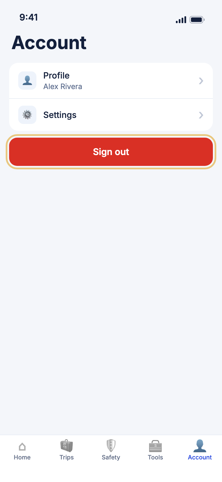 The Account tab with Sign out at the bottom