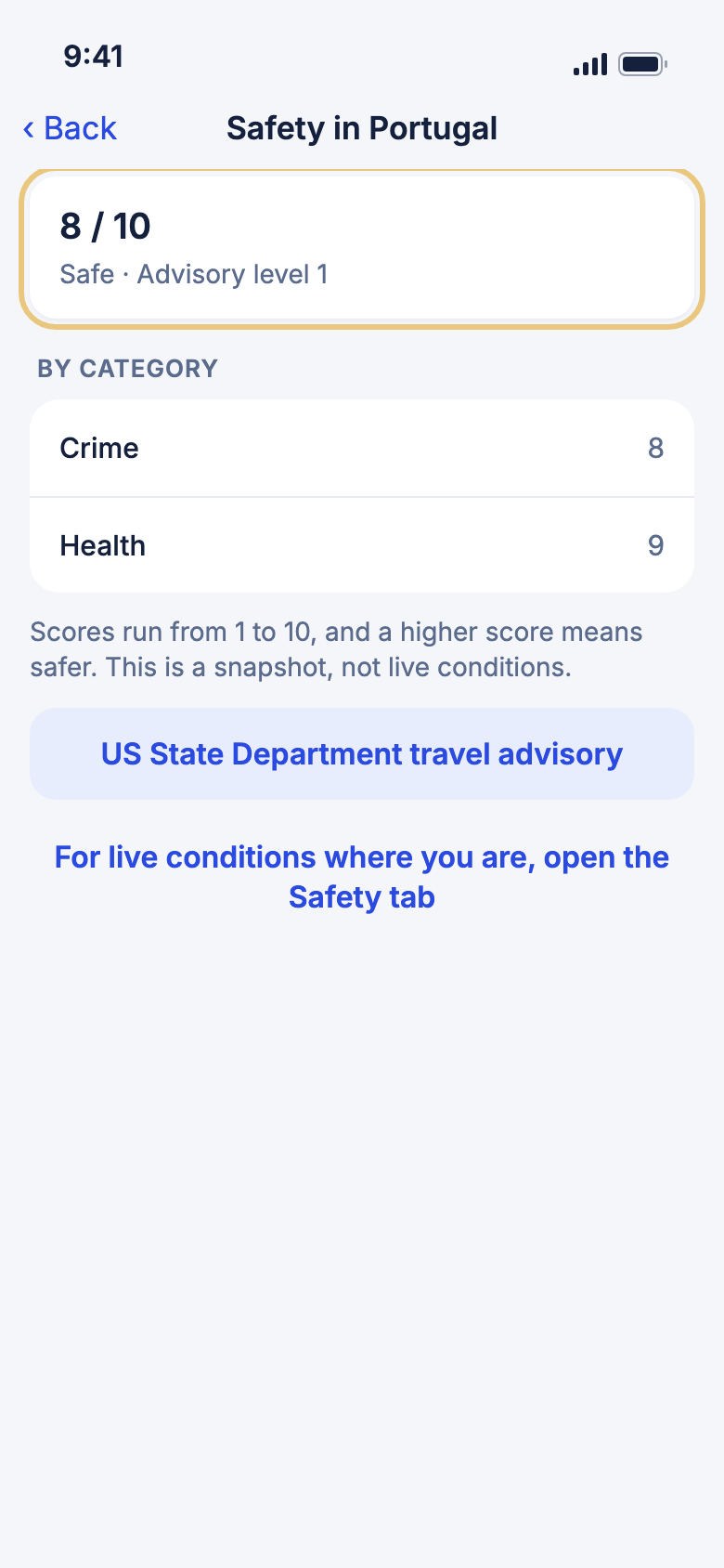 The safety page for Portugal