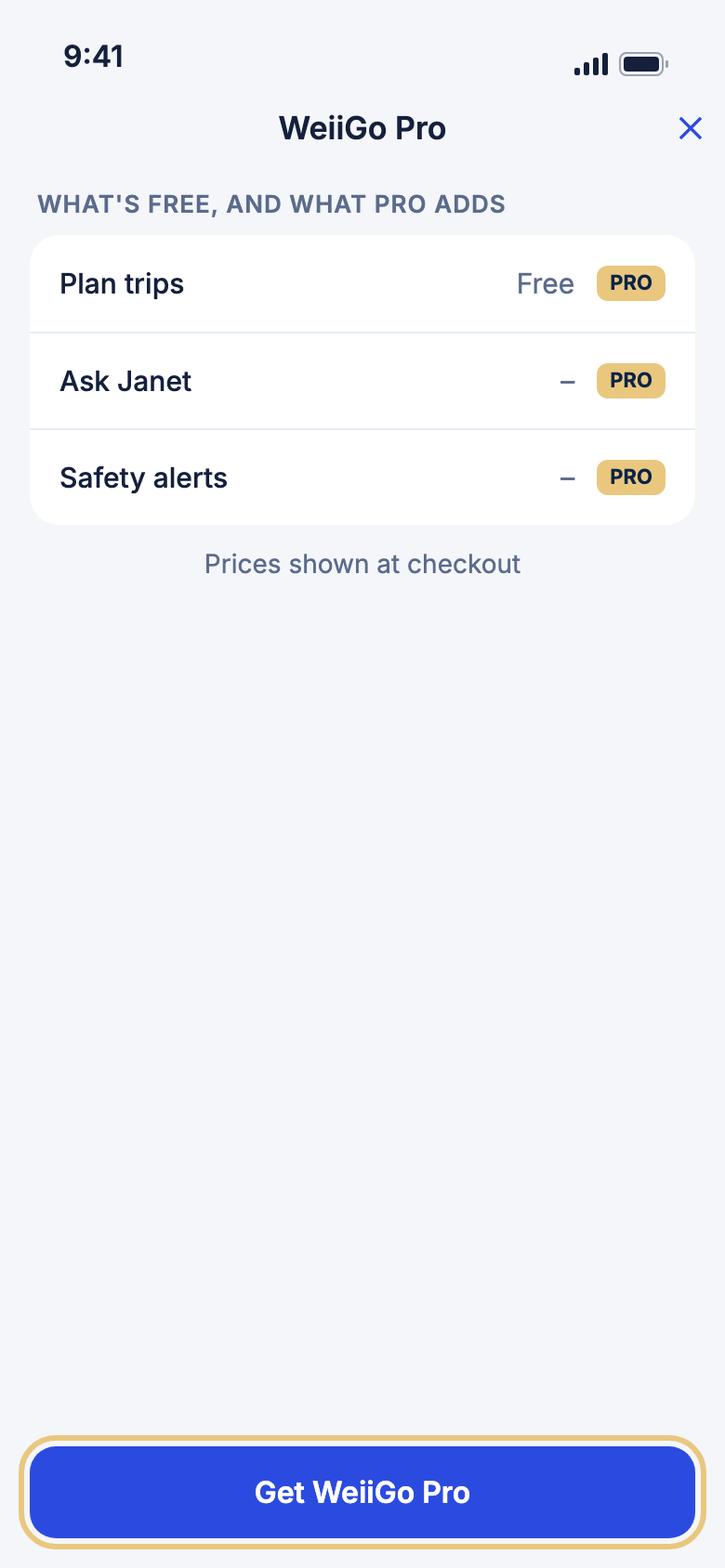The Go Pro page, with Get WeiiGo Pro highlighted
