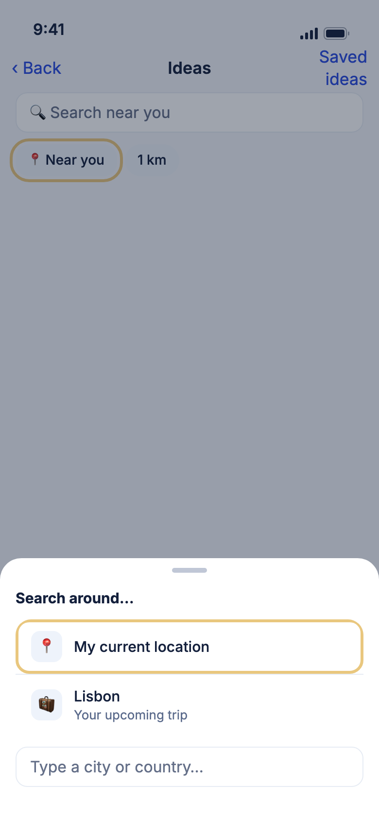 The Search around sheet, with My current location, a trip and a box for a city