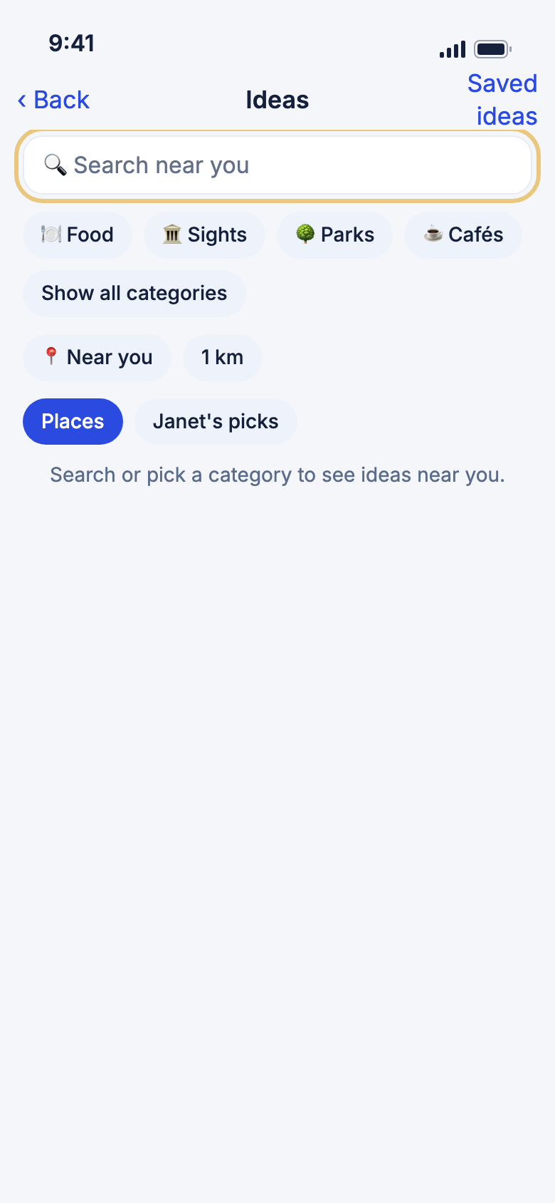The Ideas screen with the search box highlighted