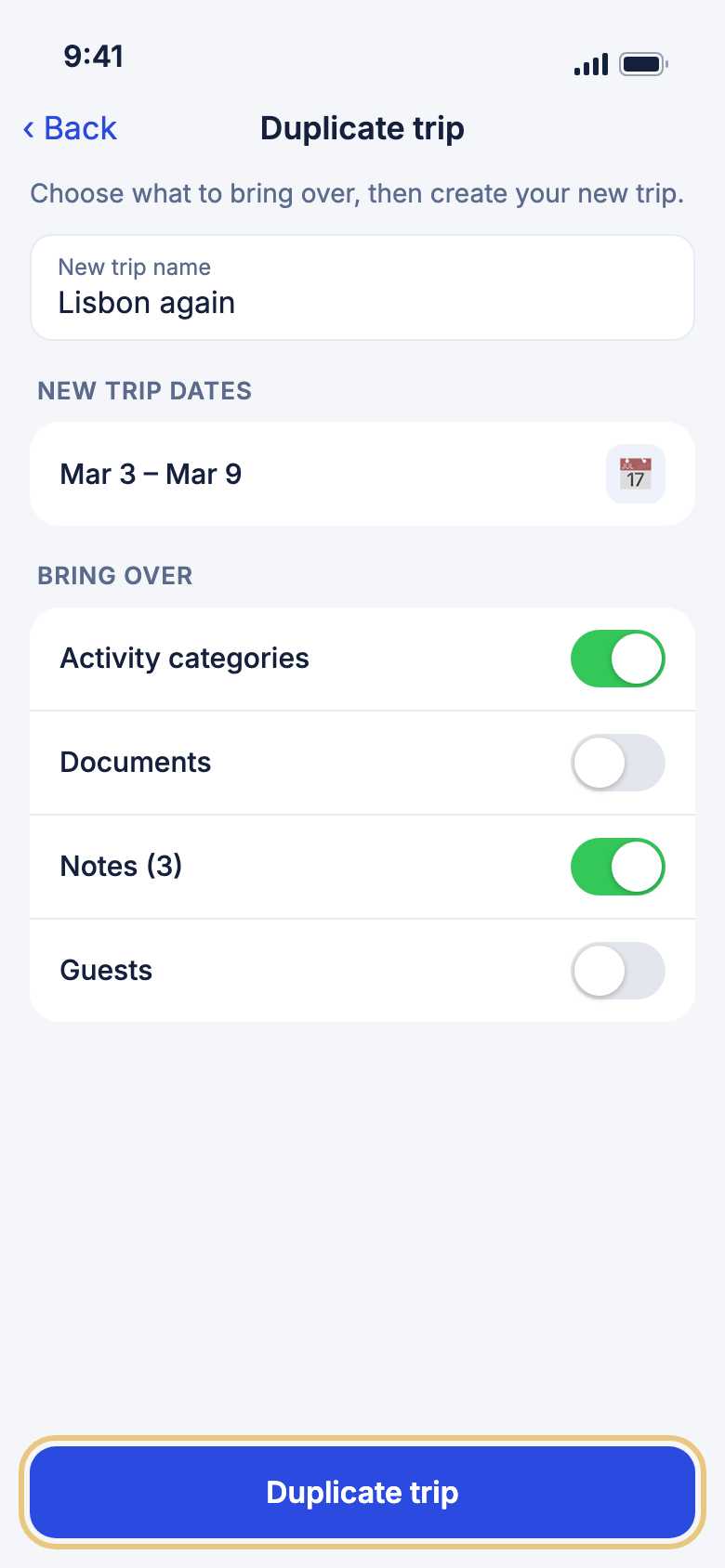 Duplicate trip, with the Duplicate trip button marked