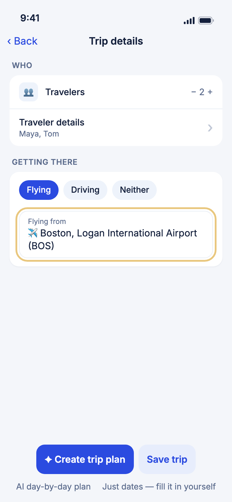 Trip details with the Flying from box marked