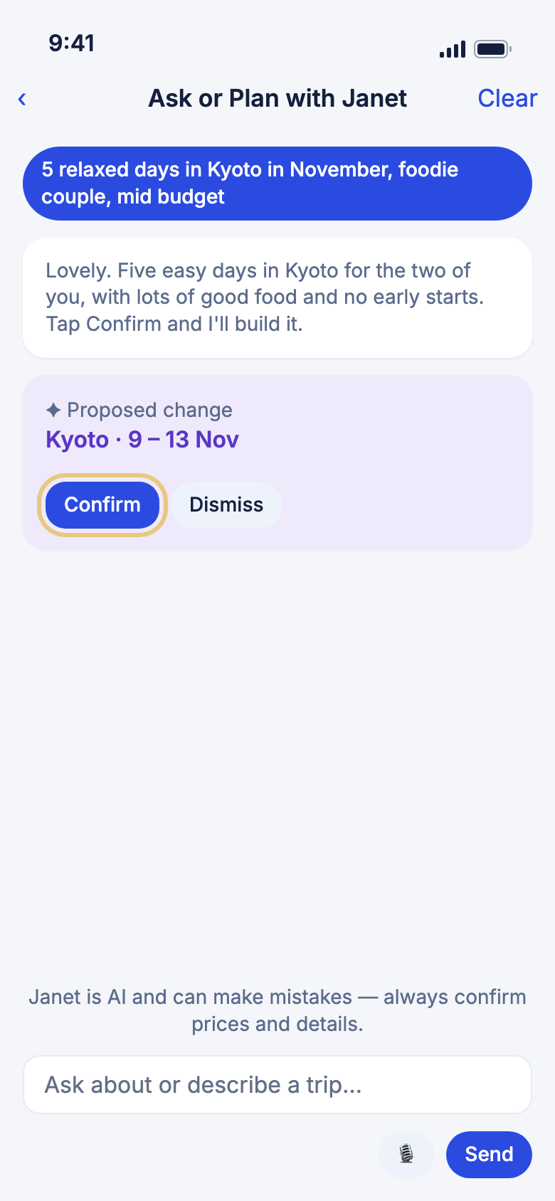 Janet's plan card, with the Confirm button marked