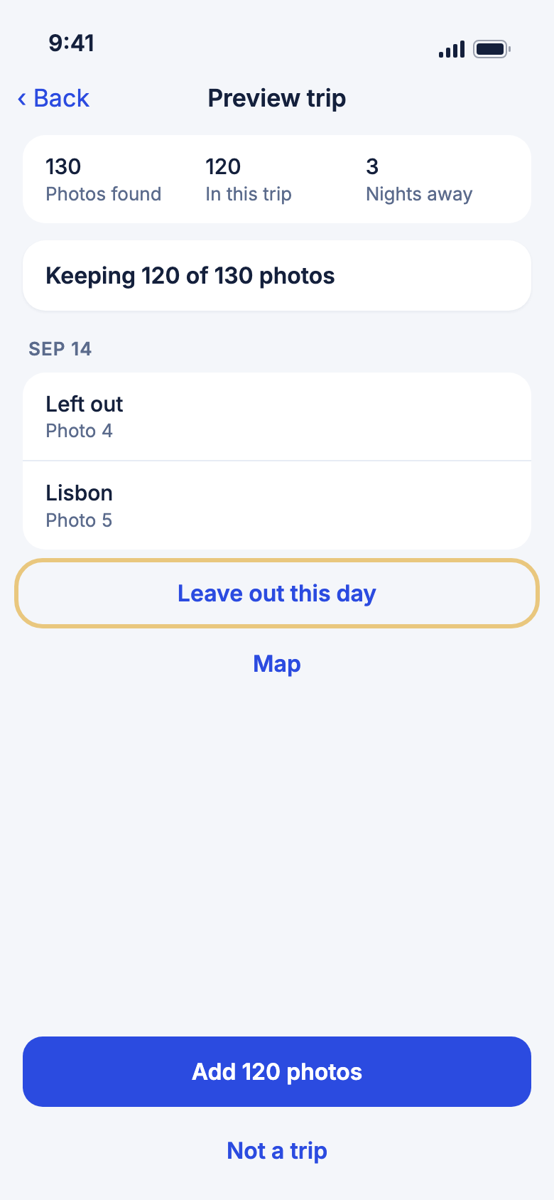 Preview trip, with Leave out this day marked