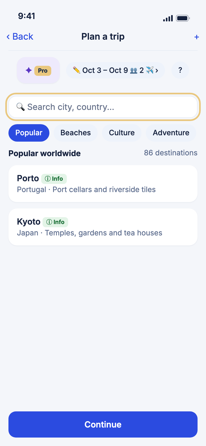 The Plan a trip screen with the search box marked