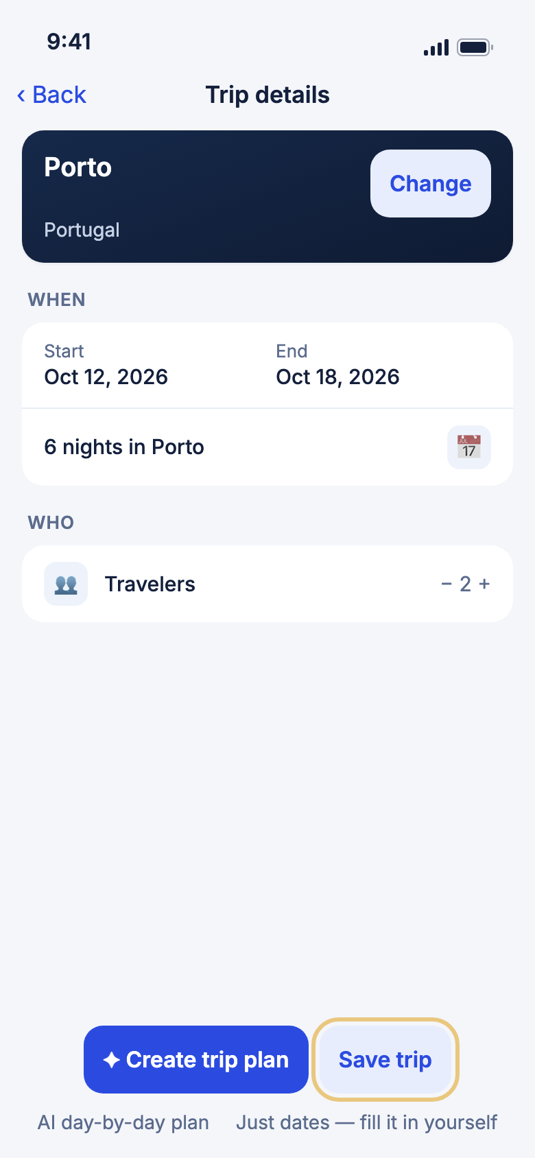 Trip details with the Save trip button marked