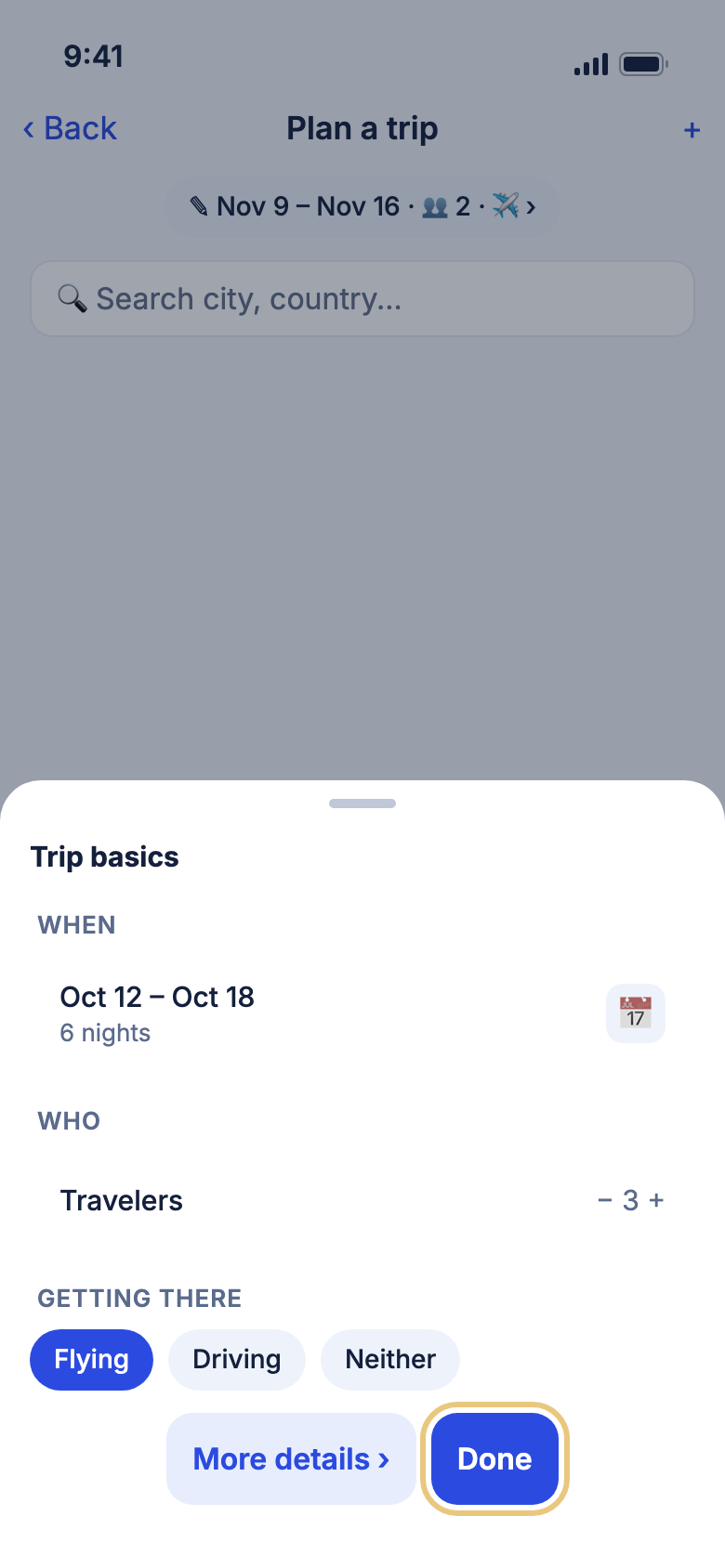 The Trip basics sheet with the Done button marked