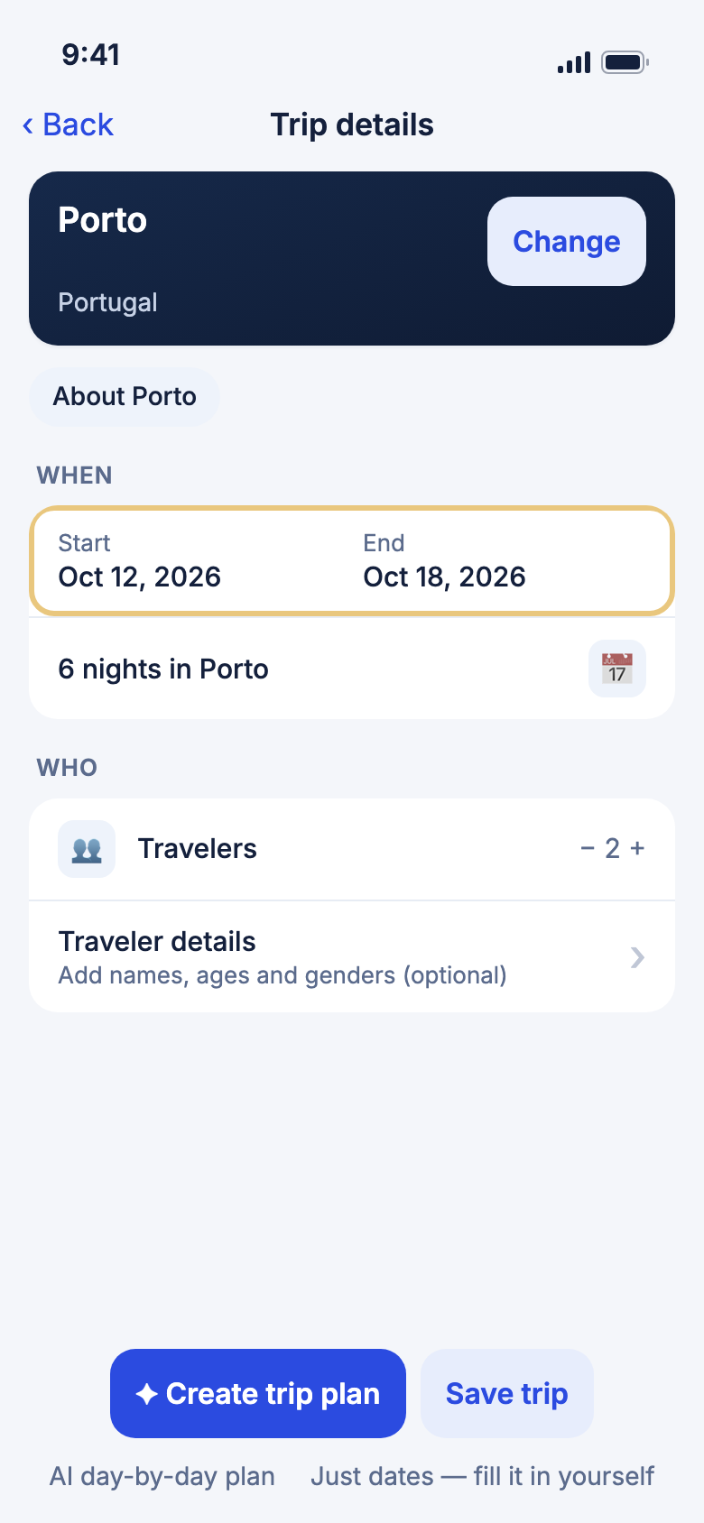 Trip details with the start and end dates marked
