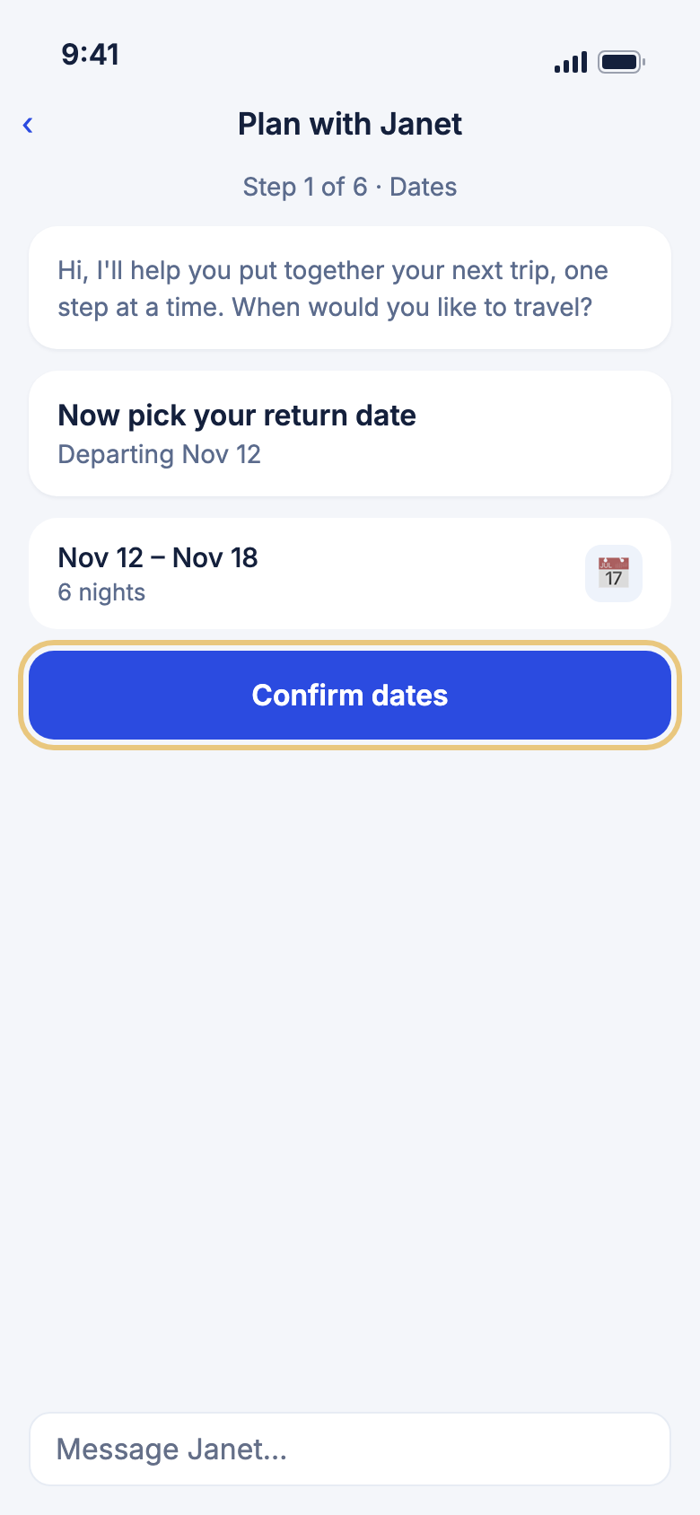 Janet's first step, with Confirm dates marked
