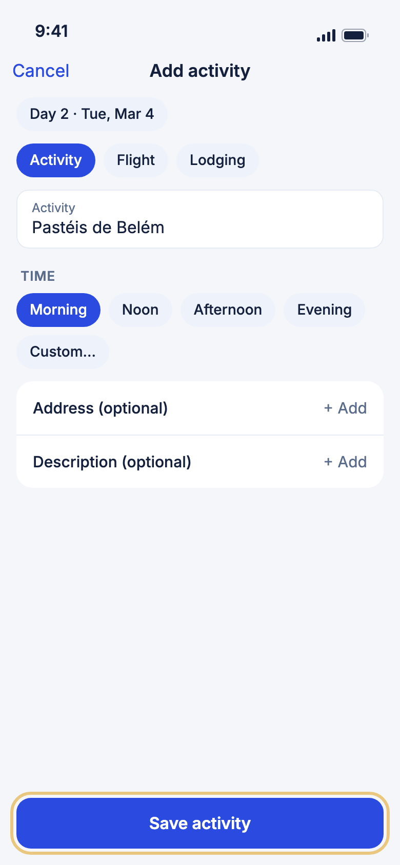 The Add activity form