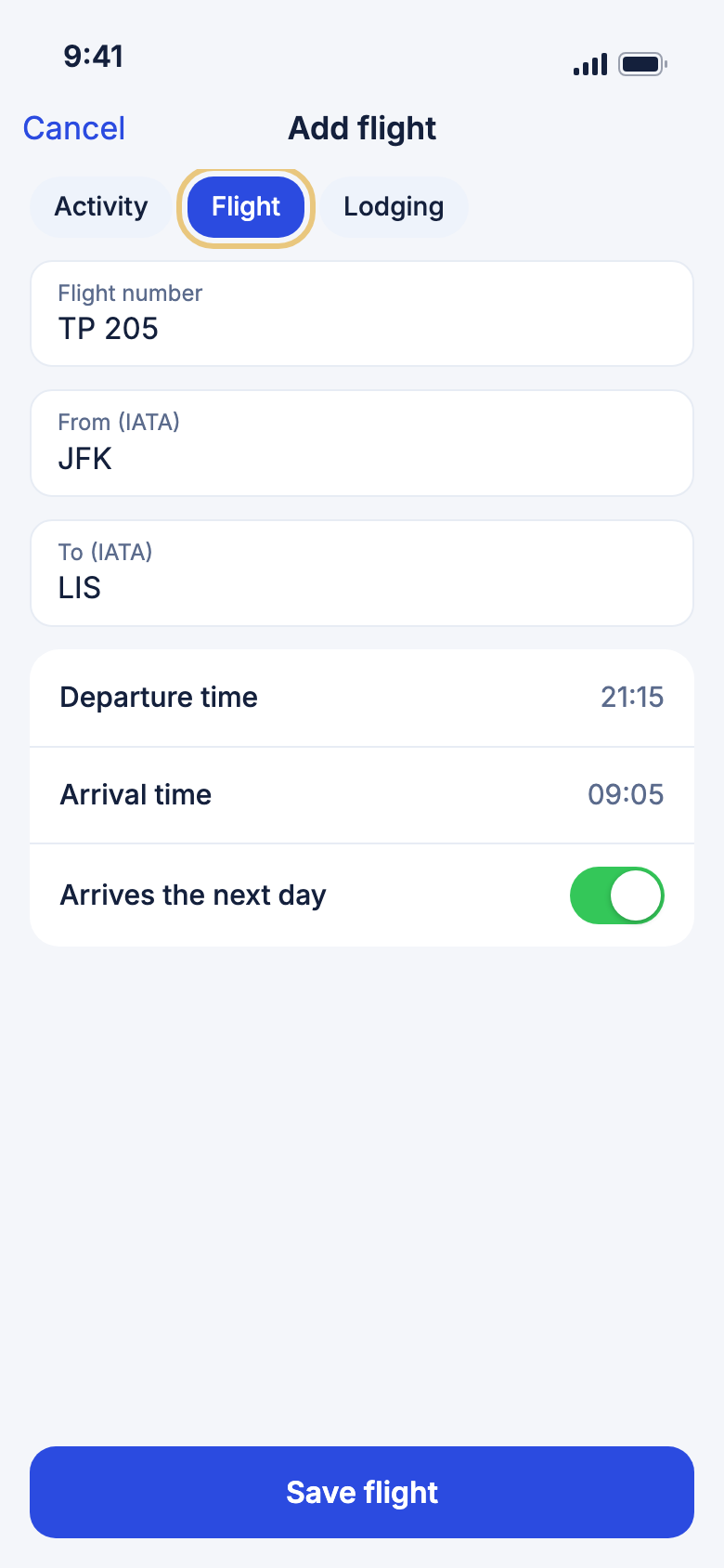 The Add flight form