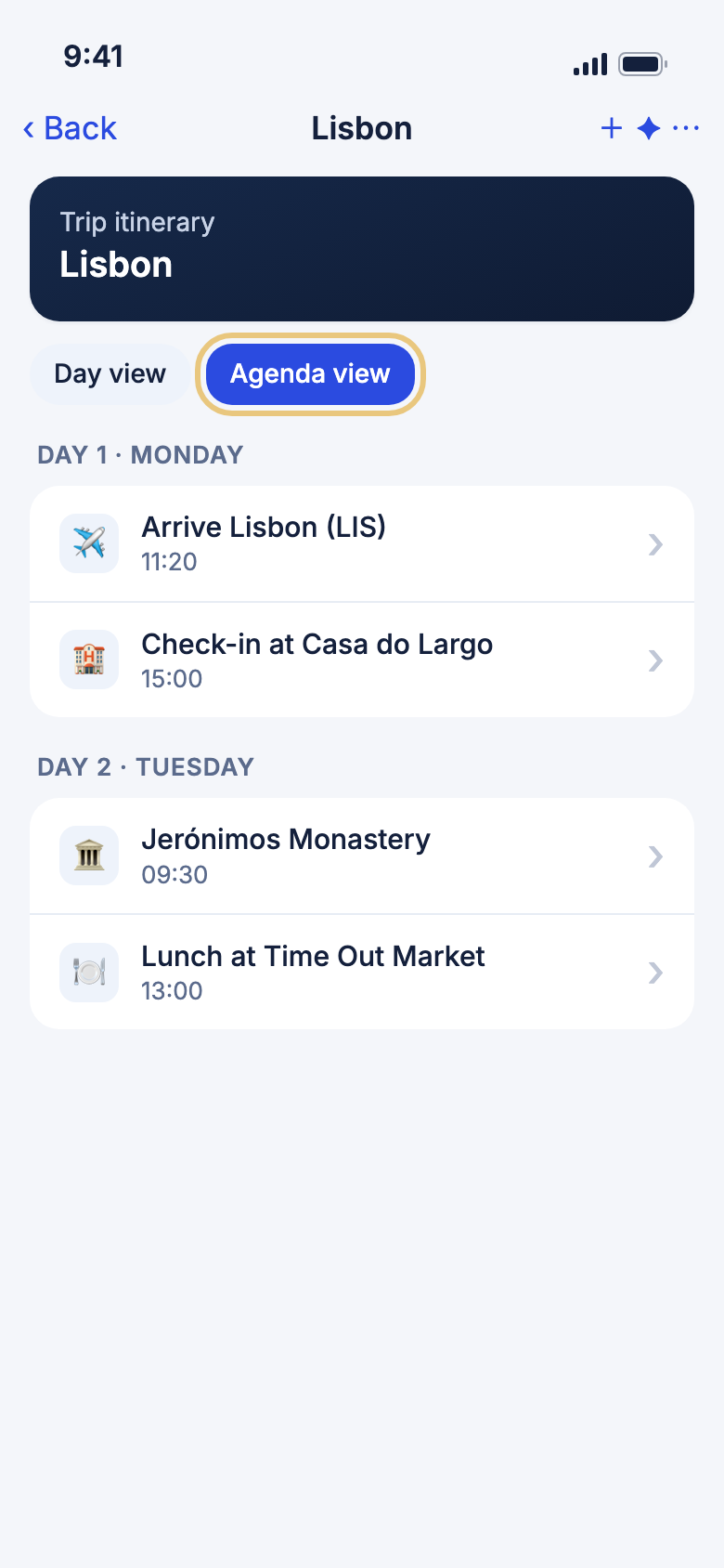 The itinerary in Agenda view
