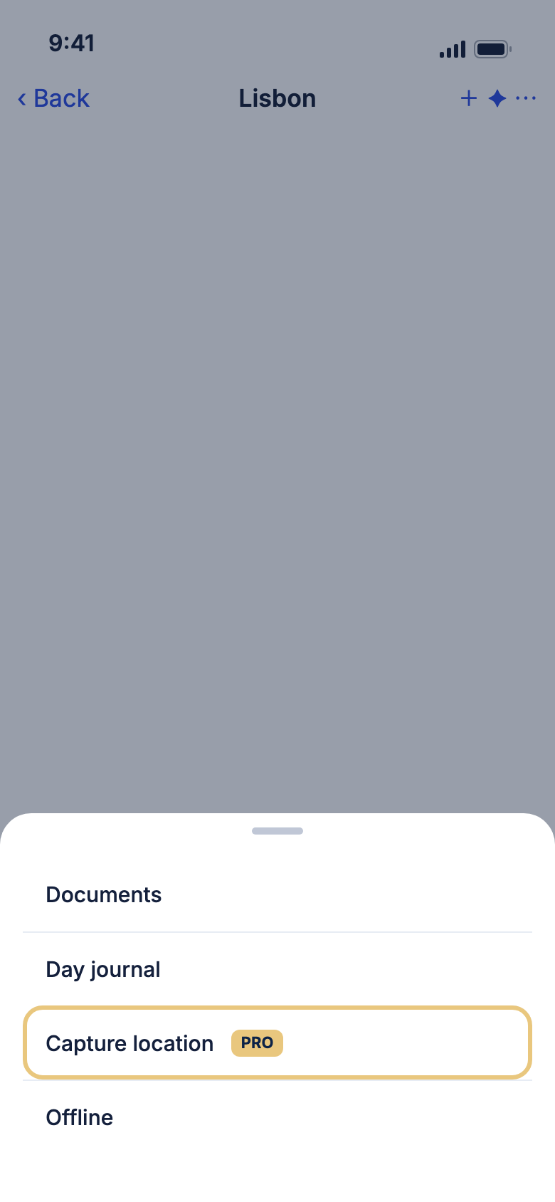 The trip menu with Capture location marked