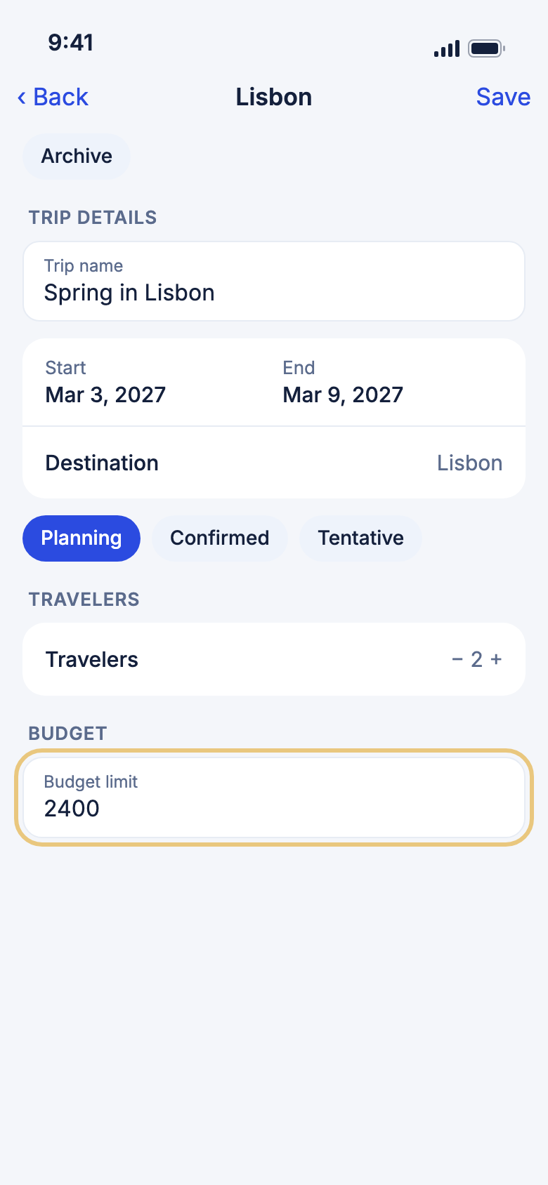 The Edit trip page with the budget box marked