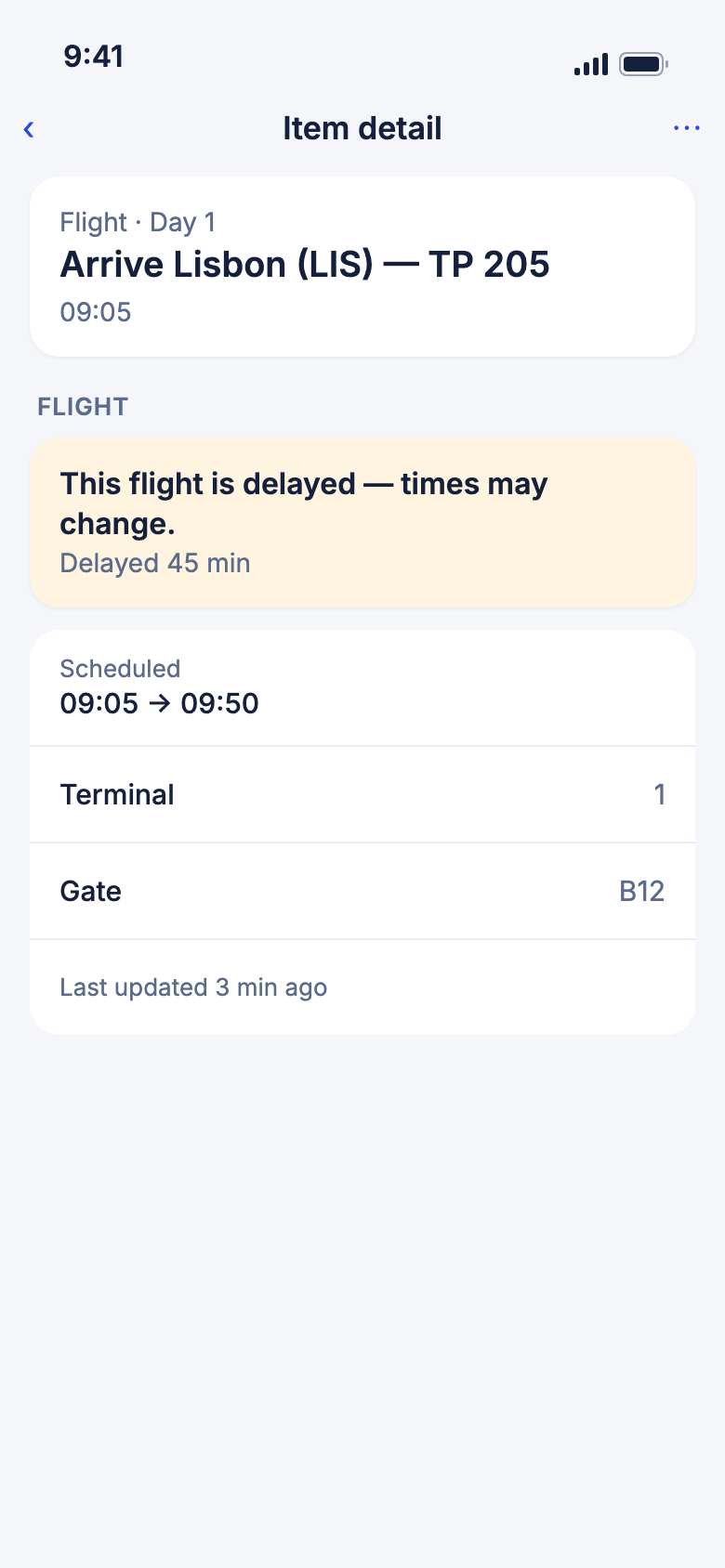 Flight status on a flight's Item detail