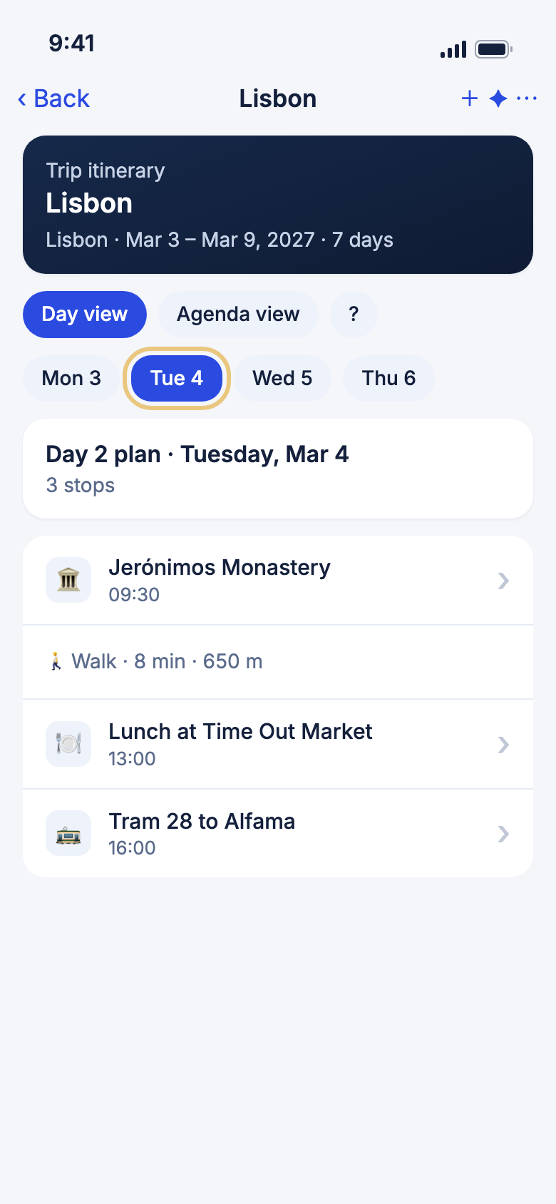 A day of the itinerary with a day chip marked