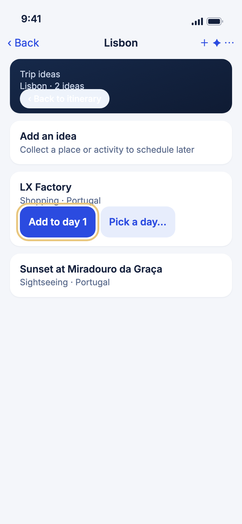 Trip ideas with Add to day marked