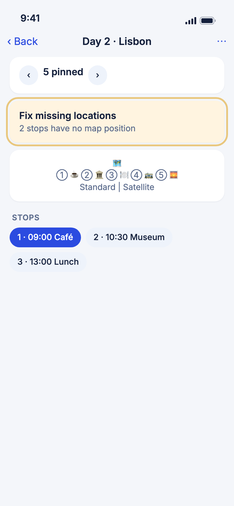 A day's stops on the day map