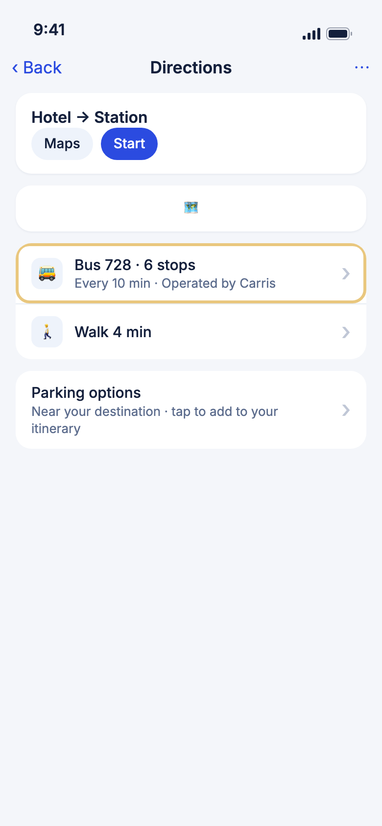 Saved directions with parking options