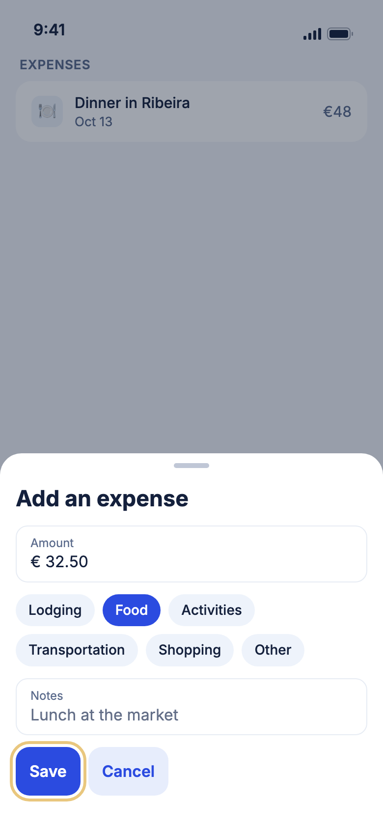 The Add an expense sheet with Save marked