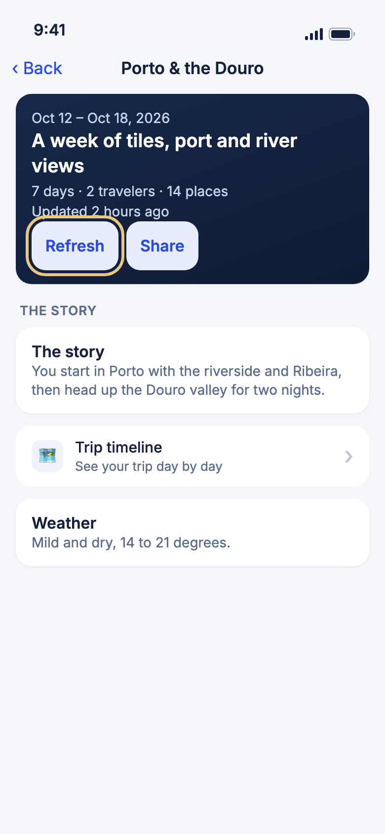A trip summary with the Refresh button marked