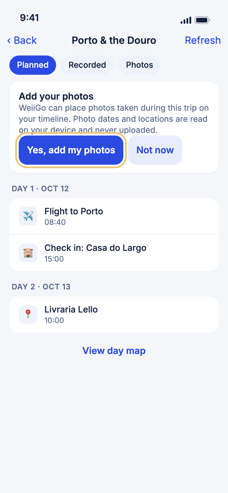 The trip timeline with Yes, add my photos marked