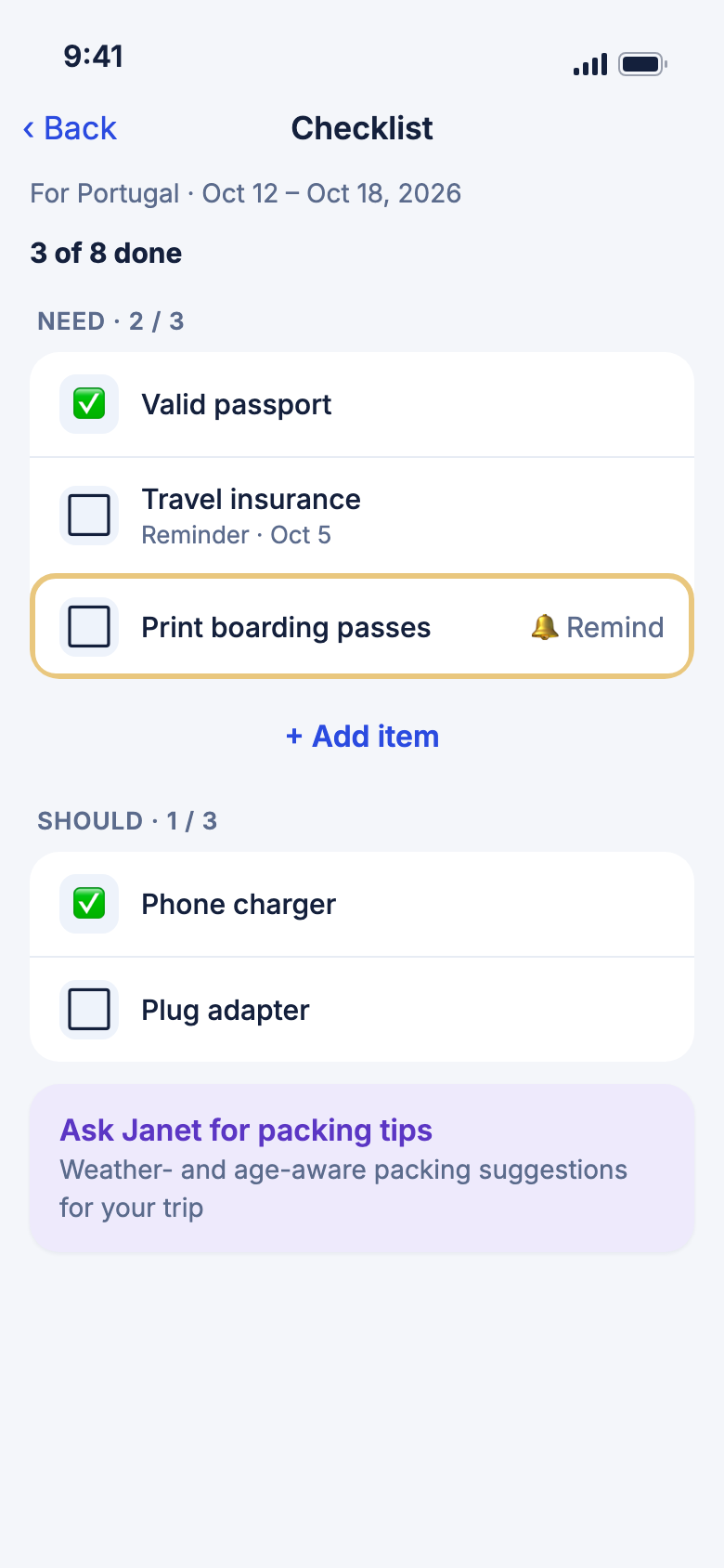 The checklist with a reminder bell marked