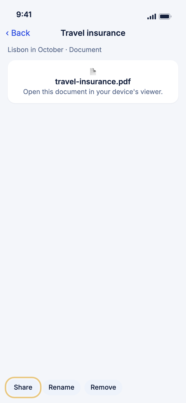 An open document with the Share button marked