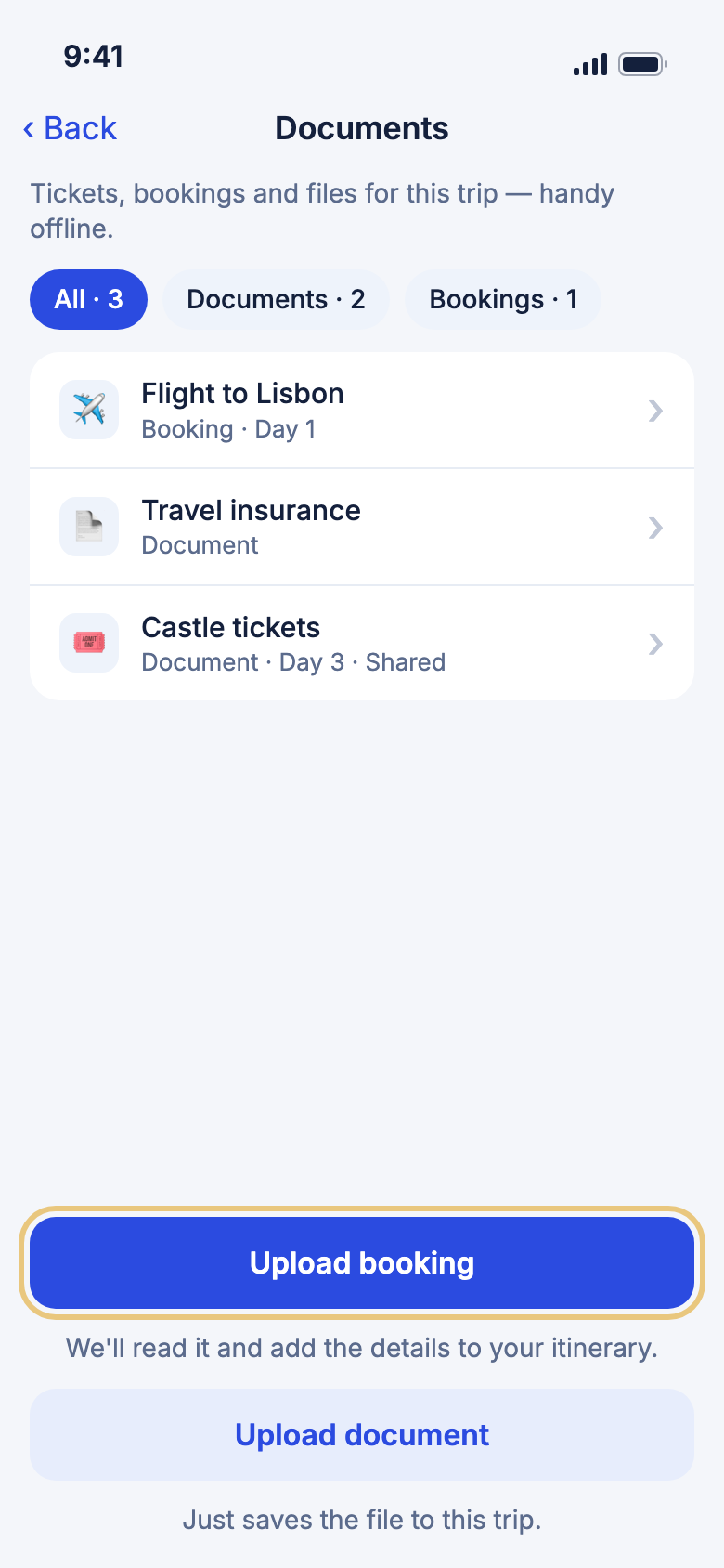 The Documents page for a trip, with Upload booking marked