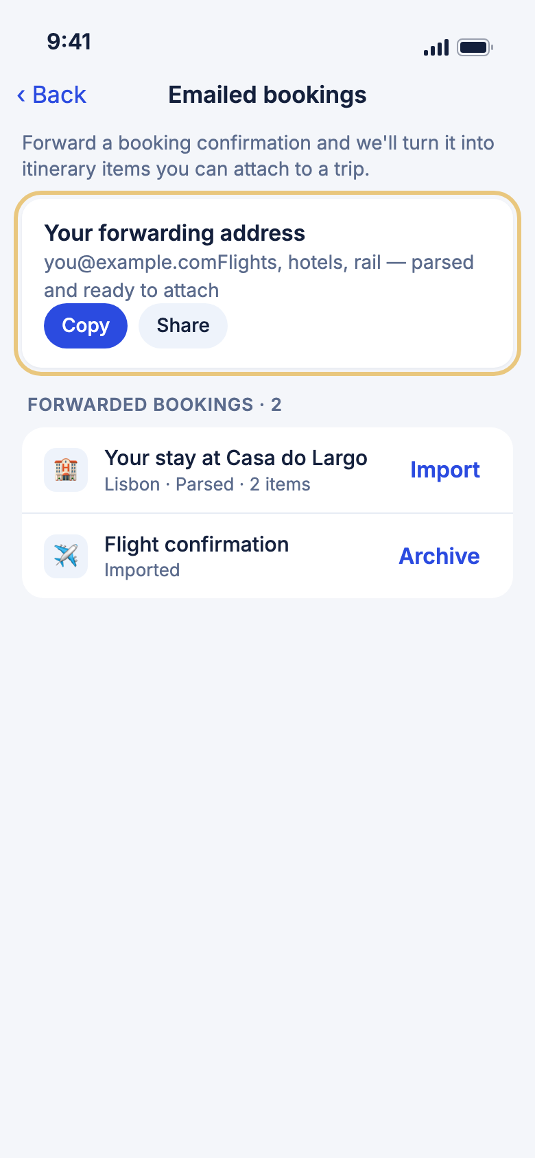 The Emailed bookings page with the forwarding address marked