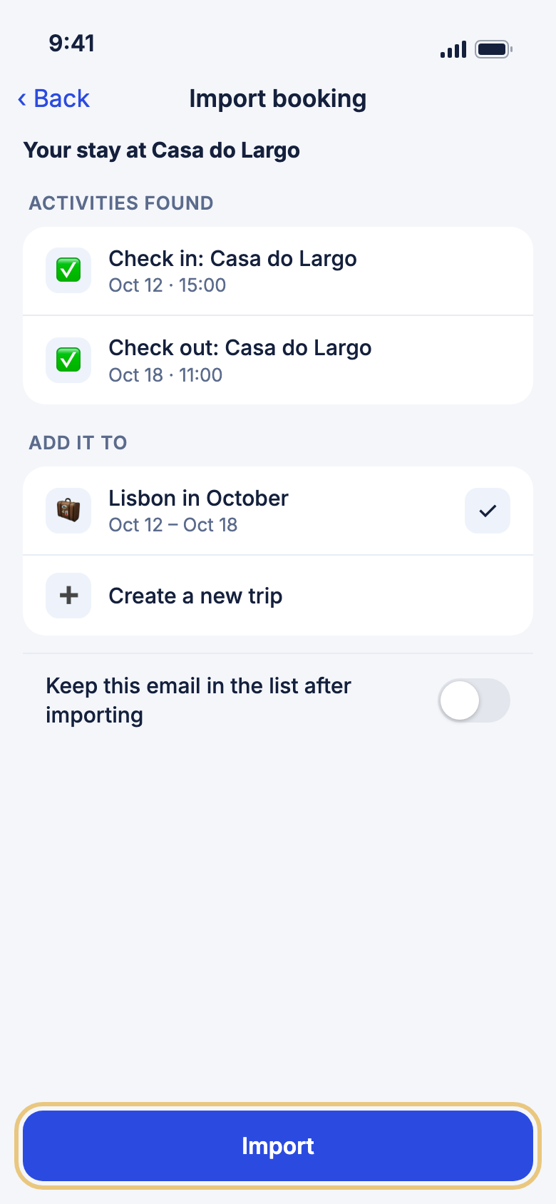The Import booking page with the Import button marked