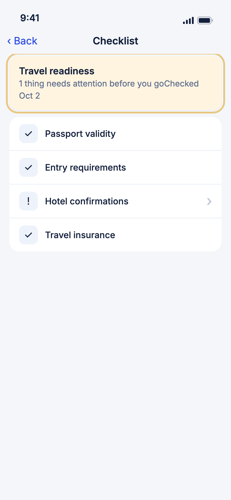 The travel readiness card with its headline marked