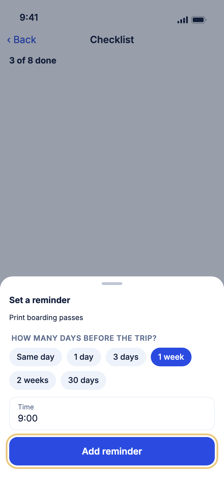 The Set a reminder box with Add reminder marked