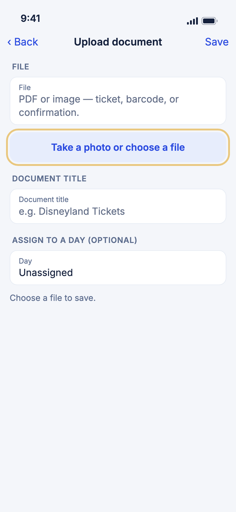 The Upload document page with the file button marked
