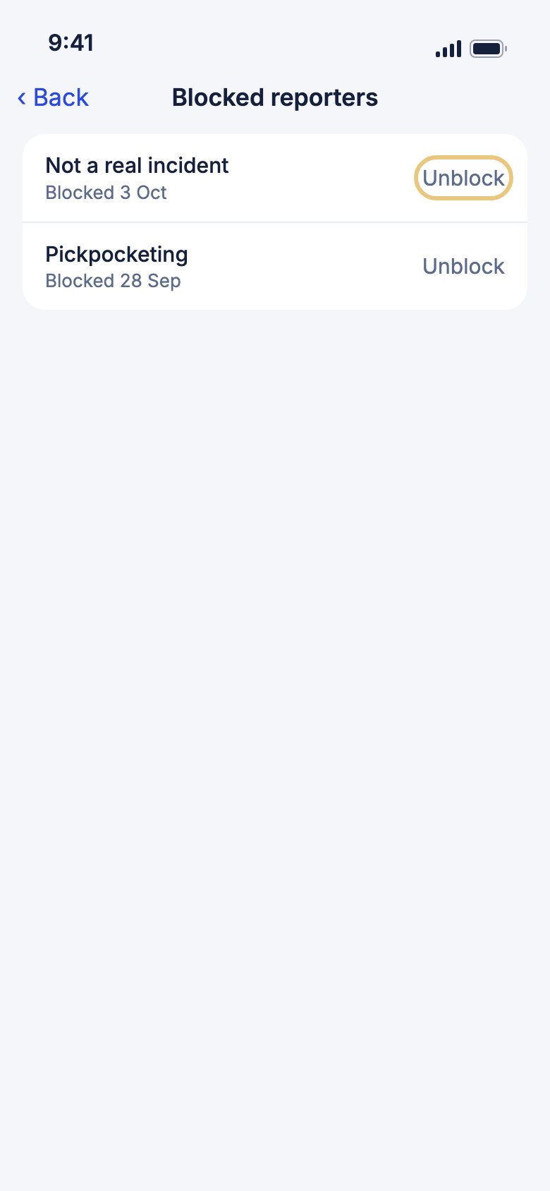 Blocked reporters with Unblock marked