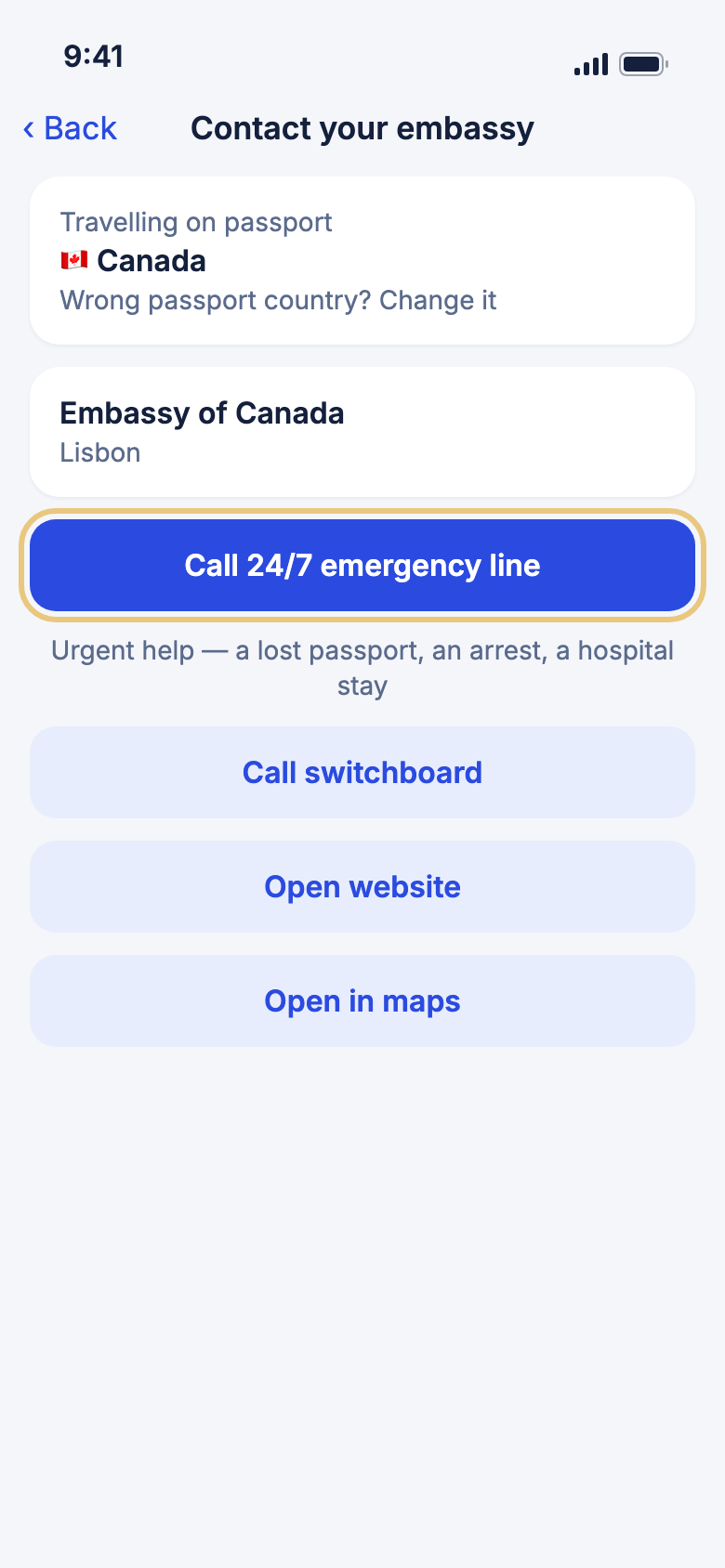 The embassy page with Call 24/7 emergency line marked